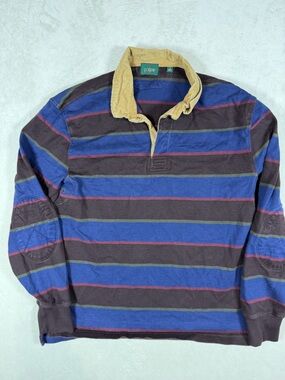 Vintage J. Crew Oarsman Rugby Polo Shirt Cordoroy Collar Blue, Brown & Tan Polo